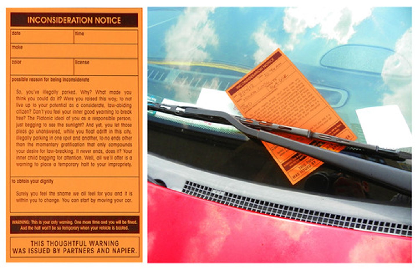 <p>an official notice put on your vehicle when you have parked illegally that tells you that you must pay a fine</p><p><em>I've just got a p_____ t____ - my first in years.</em></p>