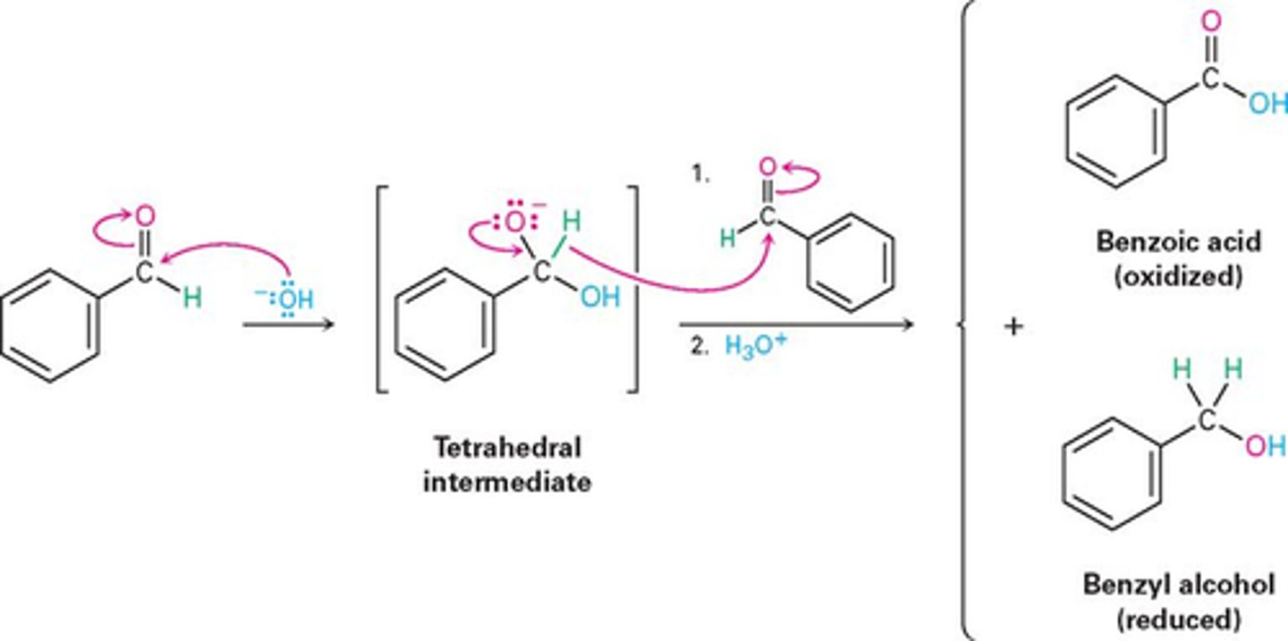 <p>OH- with no alpha protons to produce alcohol and acid</p>
