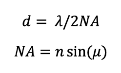 <p>NA = numerical apperature</p><p>n = refractive index between specimen and lens</p><p>u = angle from specimen to outer edge of objective lens</p><p>wavelength is the wave thingy</p>