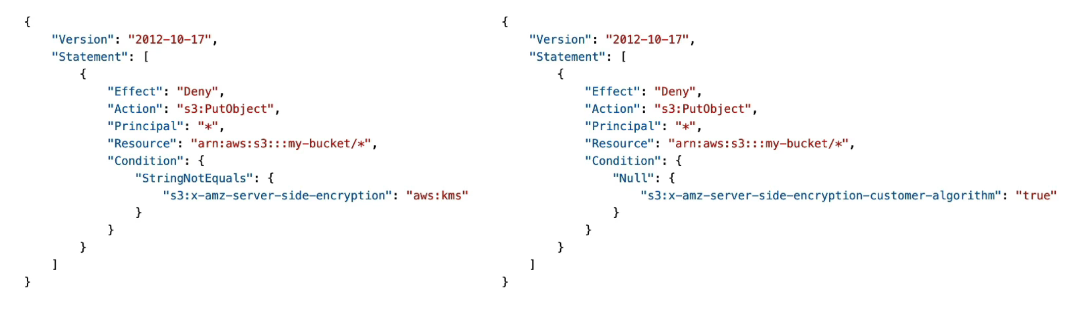<p>Key Points </p><ul><li><p>Bucket policies can <strong>force encryption</strong></p></li><li><p>They can <strong>deny uploads</strong> that do not meet encryption requirements</p></li><li><p>Applied <strong>before</strong> default encryption</p></li></ul><p> What Bucket Policies Can Enforce </p><ul><li><p>Require <strong>SSE-KMS</strong></p></li><li><p>Require <strong>SSE-C</strong></p></li><li><p>Require <strong>specific encryption headers</strong></p></li></ul><p> Example Enforcement Logic </p><ul><li><p>Deny <code>PutObject</code> if:</p><ul><li><p><code>x-amz-server-side-encryption</code> ≠ <code>aws:kms</code></p></li></ul></li><li><p>Deny <code>PutObject</code> if:</p><ul><li><p>SSE-C headers are missing</p></li></ul></li></ul><p> Why Use a Bucket Policy? </p><ul><li><p>Prevents users from uploading objects <strong>without encryption</strong></p></li><li><p>Ensures <strong>compliance and security standards</strong></p></li><li><p>Guarantees encryption <strong>before data is stored</strong></p></li></ul><p></p>
