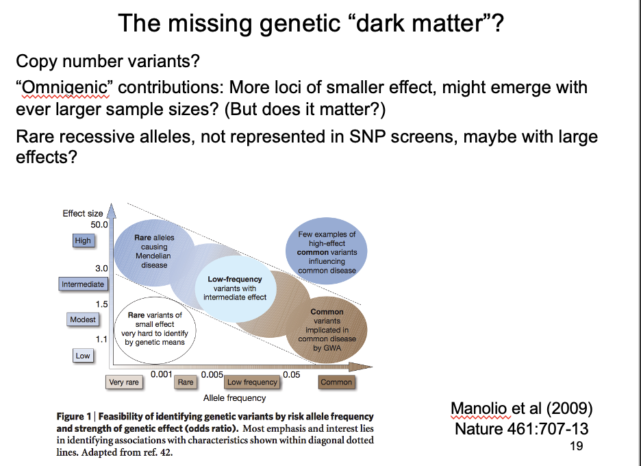 <ul><li><p>genetic contributions of SNPS found in GWAS add up to <strong>much less than known heritability</strong></p></li></ul><p>→ There must be some kind of ‘dark matter’ additional genetic contributions that are not SNP chips</p>
