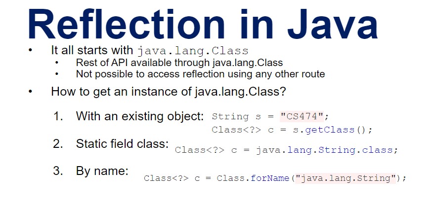 * Located in package java.lang.reflect​
  * Class java.lang.Class is also part of the reflection API​
* Allows to:​
  * Get **R**un-**T**ime **T**ype **I**nformation (RTTI)​
    * Classes, superclasses, interfaces, methods, fields​
  * Create objects by class name​
  * Invoke methods by name and argument types​
  * Get/set contents of fields​
* Throws a ton of exceptions​

\
Basically, reflection lets you write code that does at runtime the things you usually do at compile time!