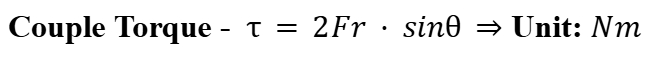 <p><span>A couple is a pair of equal-sized forces that have different lines of action but are parallel to each other and act in opposite directions, either side of the axis of rotation.</span></p>