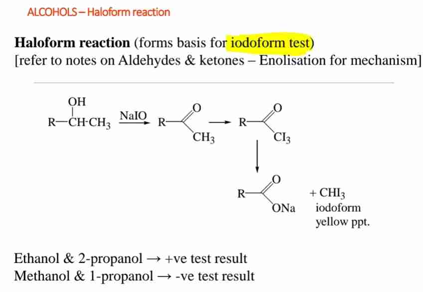 <p><span>Positive for alcohols with a methyl group next to the hydroxyl group (e.g., ethanol).</span></p>