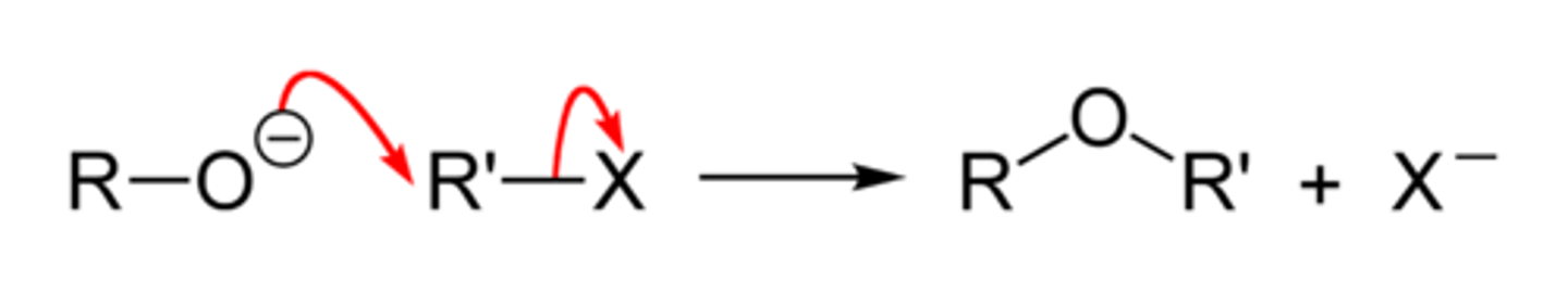 <p>Alcohol is reacted with sodium and RX to make a nucleophile ether (sodium metal) and hydrogen gas<br>Mechanism not needed to be known, but it makes an ether<br>1. R-OH reacted with Na becomes R-O-Na and H(g)<br>2. R'X reacts with the R-O-Na with the O- as a nucleophile (negative charged O) to make R-O-R' and NaX</p>