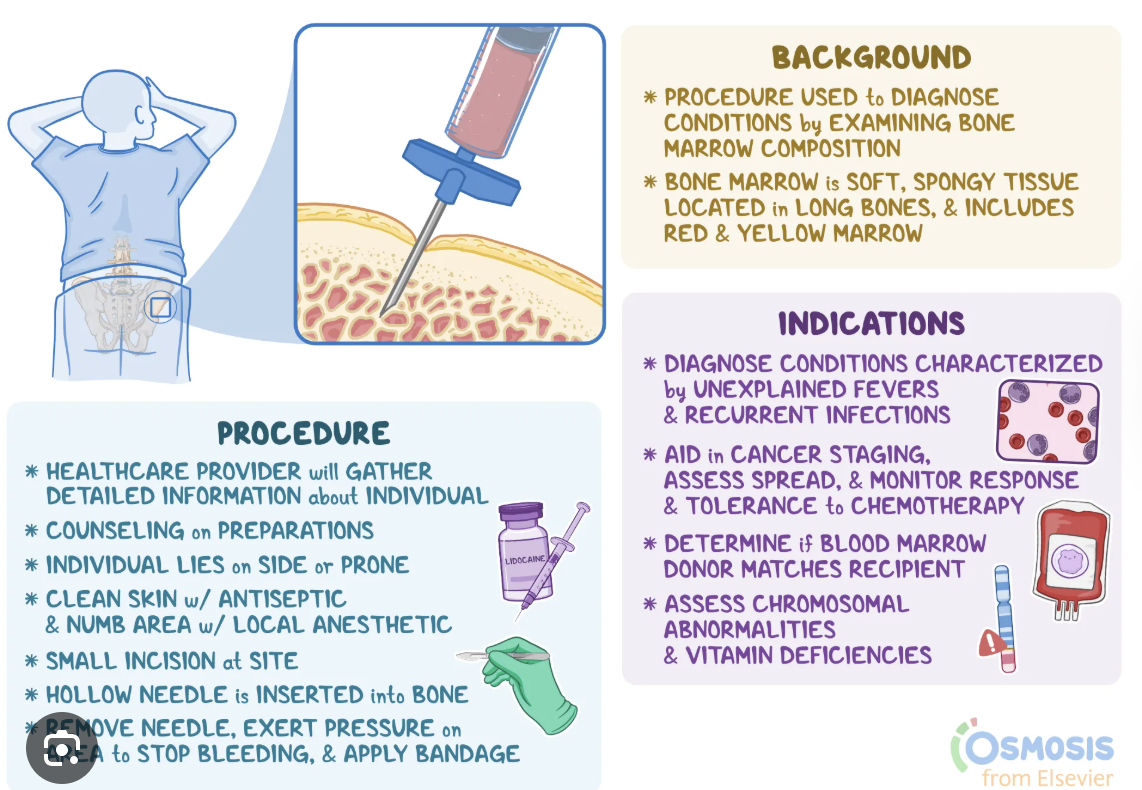 <p>What is bone marrow aspiration and biopsy?</p><ul><li><p>what’s it do&nbsp;</p></li><li><p>Nursing care?</p></li></ul><p></p>