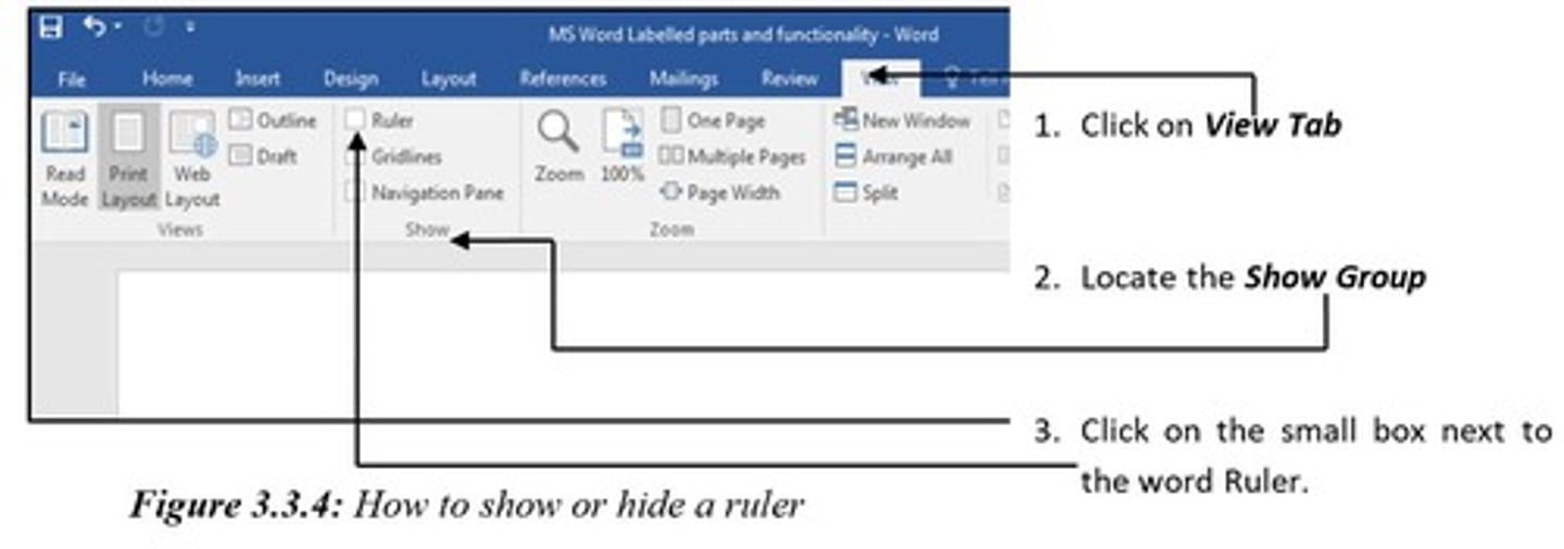 <p>Can show width of working area of page/text boxes/columns/cells in table &amp; is used to set indents, margins/tabs of doc.</p>