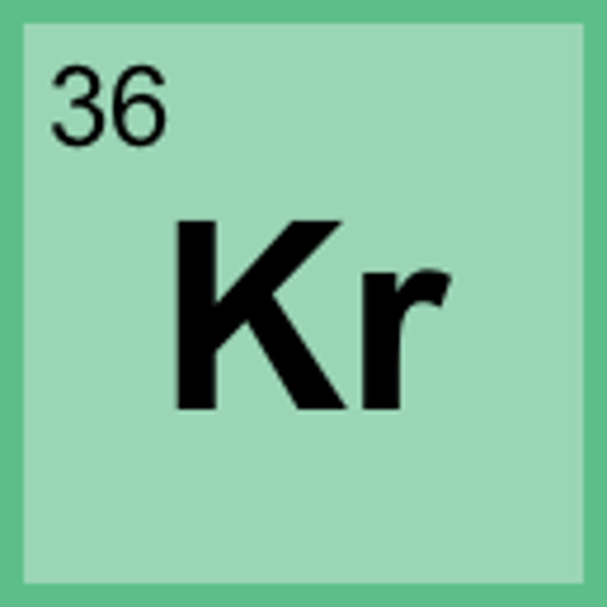 <p>Symbol: Kr<br>Atomic Mass: 83.80<br>Atomic Number: 36</p>