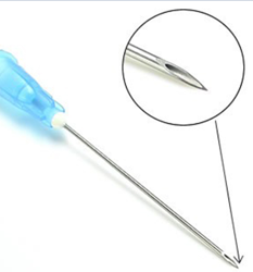 <p>The bevel of the needle should face upwards</p>