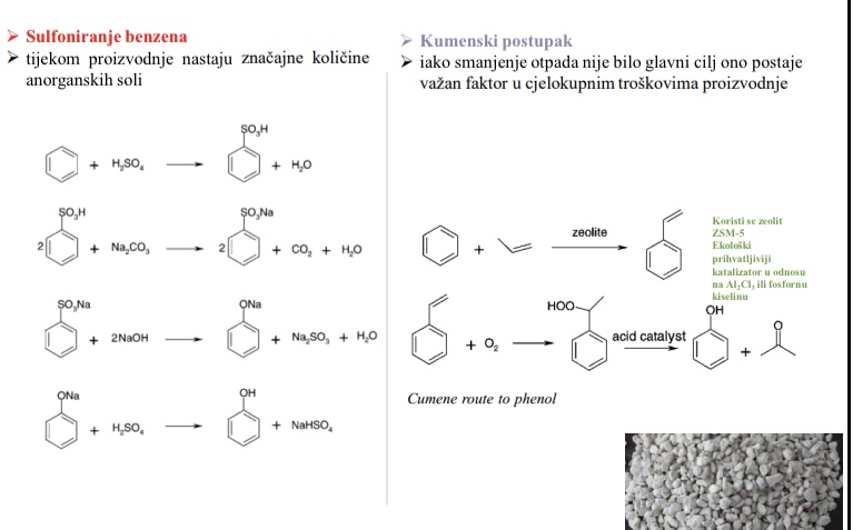 <p>Sulfoniranje benzena - tijekom proizvodnje nastaju znacajne kolicine anorganskih soli</p><p>Kumenski postupak - iako smanjenje otpada nije bio glavni cilj ono postaje vazan faktor u cjelokupnim troskovima proizvodnje</p>