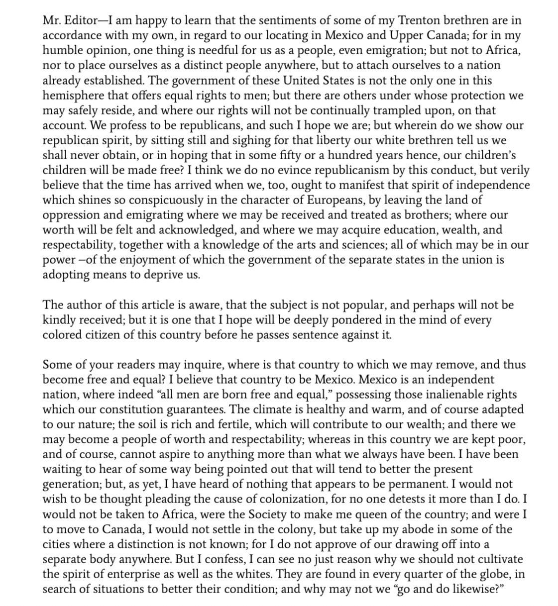 <p>#45 “Emigration to Mexico” by “A Colored Female of Philadelphia,” The Liberator, 1832</p>