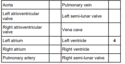 <p>This question is about the flow of blood into and through the heart.</p><p>Add the numbers 1 to 6 to the table below to give the order of structures through which blood will pass as it enters the heart and flows through the left ventricle.</p><p>Use each number only once. Number 4 has been done for you. (2) </p>