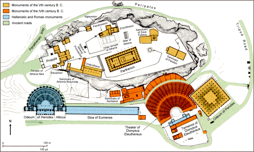 <p>Parthenon, Erechtheion, Propylaia, Sacred Way, Temple of Athena Nike, Altar of Athena Polias, Sanctuary of Zeus Polieus, Eleusinion, Statue of Athena Promachos</p><p>(Painted marble) Pericles ordered for the Acropolis (politician)</p>