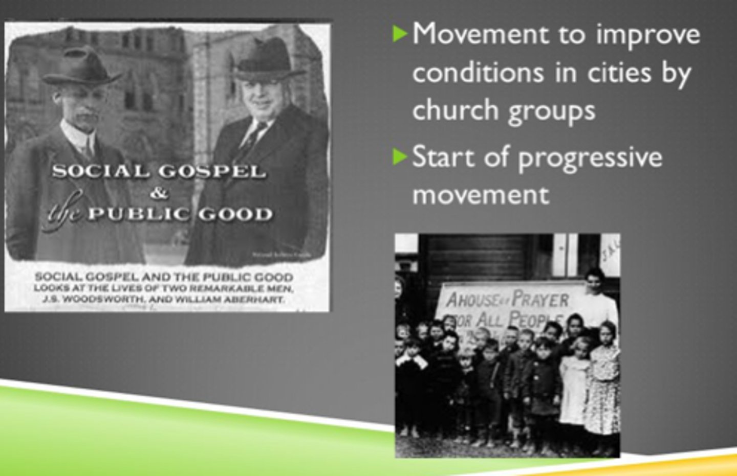 <p>A number of social reformers worked to improve life in the cities.</p><p>This was one early reform program preached that people reached salvation by helping the poor.</p>