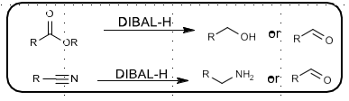 <p>Diisobutyl Aluminum Hydride</p><p>Reduces ester to aldehyde or alcohol</p><p>Reduces nitrile to aldehyde or amine</p><p></p>