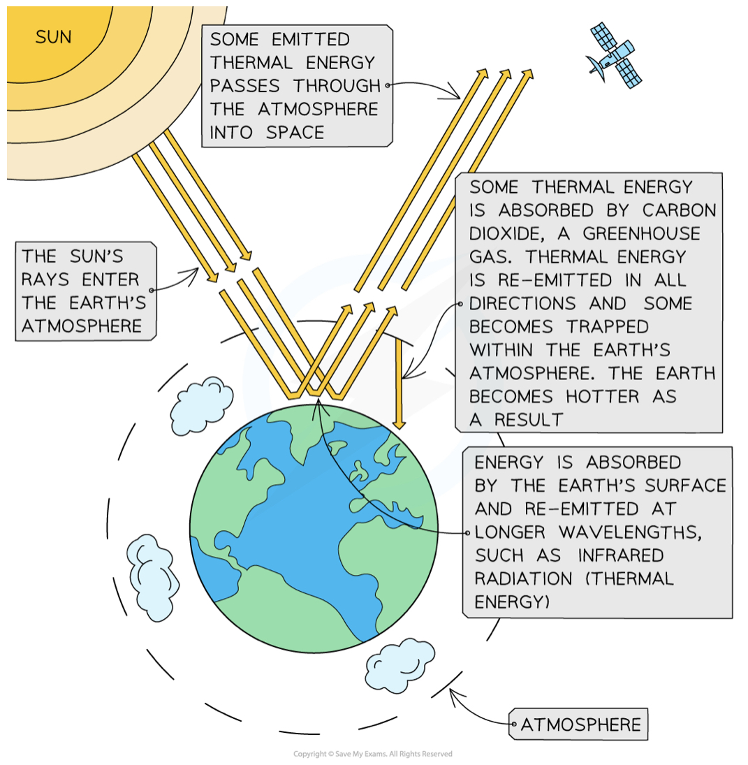 <ul><li><p><strong>Green house effect</strong> </p><ul><li><p>some thermal energy is absorbed by greenhouse gases(e.g <strong>carbon dioxide</strong> and<strong> methane</strong>) and is re-emitted in all directions</p></li><li><p>This reduces the thermal energy lost into space and traps it within the Earth’s atmosphere, keeping the Earth warm</p></li></ul></li></ul>