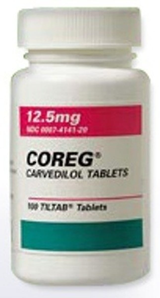 <p>Brand: Coreg</p><p>Class: Beta-Blocker</p><p>Indication: Antihypertensives</p><p>Schedule: NCLM</p>