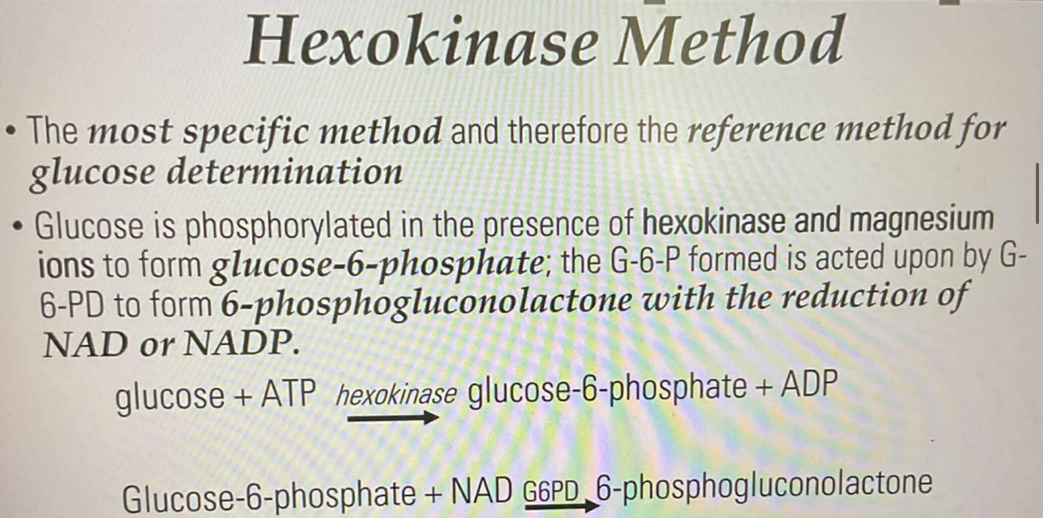 <ul><li><p>Glucose is phosphorylated by<span style="color: blue;"> hexokinase</span> and <span style="color: blue;">magnesium ions</span> to form <span style="color: red;"><strong>glucose-6-phosphate</strong></span></p></li><li><p>G-6-P turns to <span style="color: red;"><strong>6-phosphogluconolactione</strong></span> by <span style="color: blue;">G-6-PD</span>, w/ the reduction of NAD or NADP</p></li></ul><p></p>