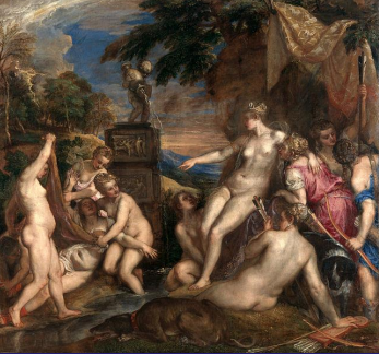 <p>Titian’s Diana and Callisto 1556-9. The story is recounted by the ancient writer Ovid in his Metamorphoses. The unfortunate nymph Callisto who had been seduced by Jupiter, Is stripped by her companions at the command of the chaste moon-goddess Diana to reveal her pregnancy. Banished for her shameful state, Callisto was transformed in to a bear by Jupiter’s jealous wife Juno, but was later immortalized by him as the constellation of the Great Bear.</p>