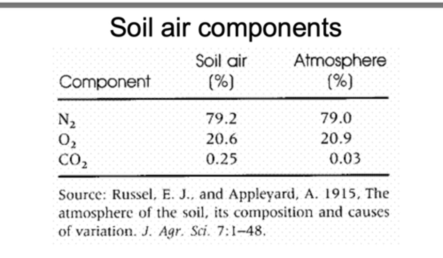 <p>Soil contains its own “mini-atmosphere” in the pore spaces between soil particles, and that air is made up of nitrogen, oxygen, and carbon dioxide, but in different proportions than the outside atmosphere.</p><p>Soil Air </p><p>N2- 79.2%</p><p>O2- 20.6%</p><p>CO2- 0.25%</p><p>Atmosphere </p><p>N2- 79%</p><p>O2-21%</p><p>CO2-0.03%</p><p>Soil air has much higher CO₂ and lower O₂ than atmospheric air because plant roots and soil microbes continuously respire, consuming oxygen and releasing carbon dioxide. When soils become water-logged, water fills the pores and prevents oxygen from diffusing in. This creates anaerobic (low-oxygen) conditions, which can change biochemical processes in the soil, reduce decomposition rates, and increase methane production.</p>