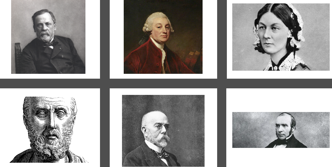 <ul><li><p><strong>James Lind</strong>: identified the effects of diet on disease</p></li><li><p style="text-align: left"><strong>Florence Nightingale</strong>: monitor disease mortality during the Crimean War</p></li><li><p style="text-align: left"><strong>Hippocrates</strong>: first epidemiologist</p></li><li><p style="text-align: left"><strong>John Snow</strong>: descriptive study on cholera outbreak in London</p></li></ul><p></p>