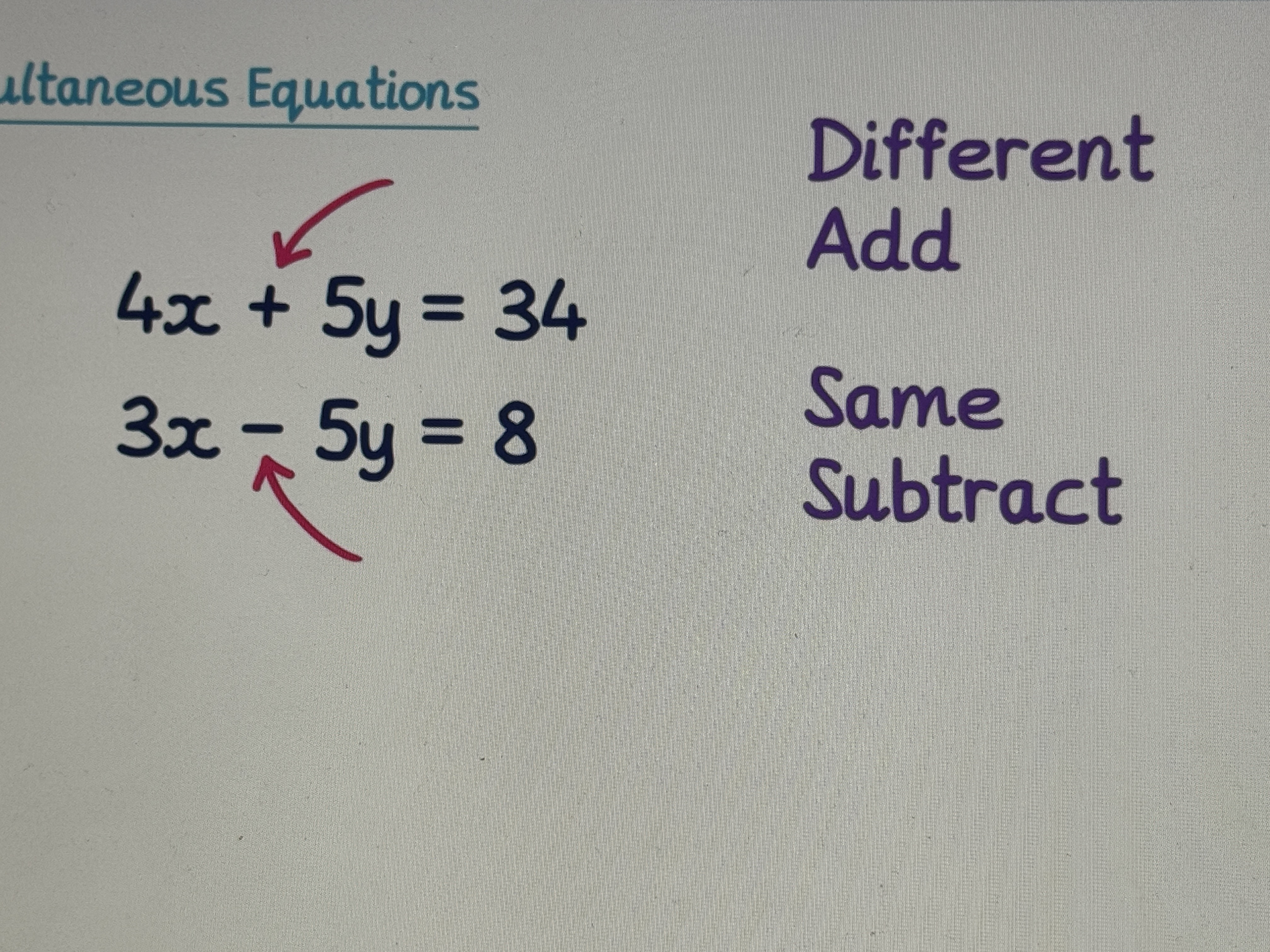 <p>If the sign your eliminating has a positive and a negative sign then u add the two equations together</p>