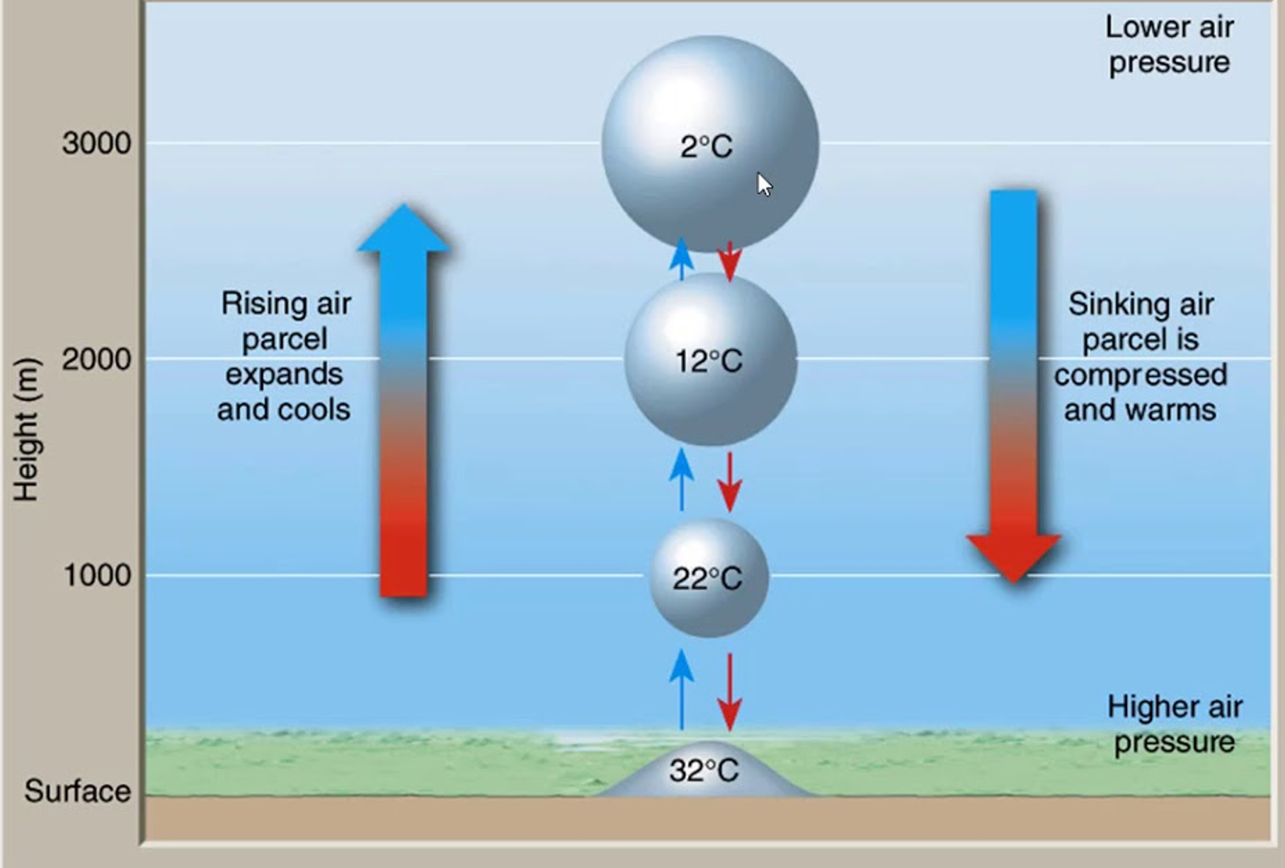 <ul><li><p>As long as no condensation or evaporation, an air parcel changes temp at a rate of ~10C/Km</p></li><li><p>the dewpoint does not change</p></li></ul><p></p>