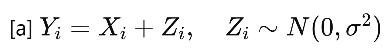 <p>The formula [a] represents that the observed signal (Y<em><sub>i</sub></em>) is the sum of the true signal (X<em><sub>i</sub></em>) and additive noise (Z<em><sub>i</sub></em>), where the noise is Gaussian with mean zero and variance σ<sup>2</sup>.</p>