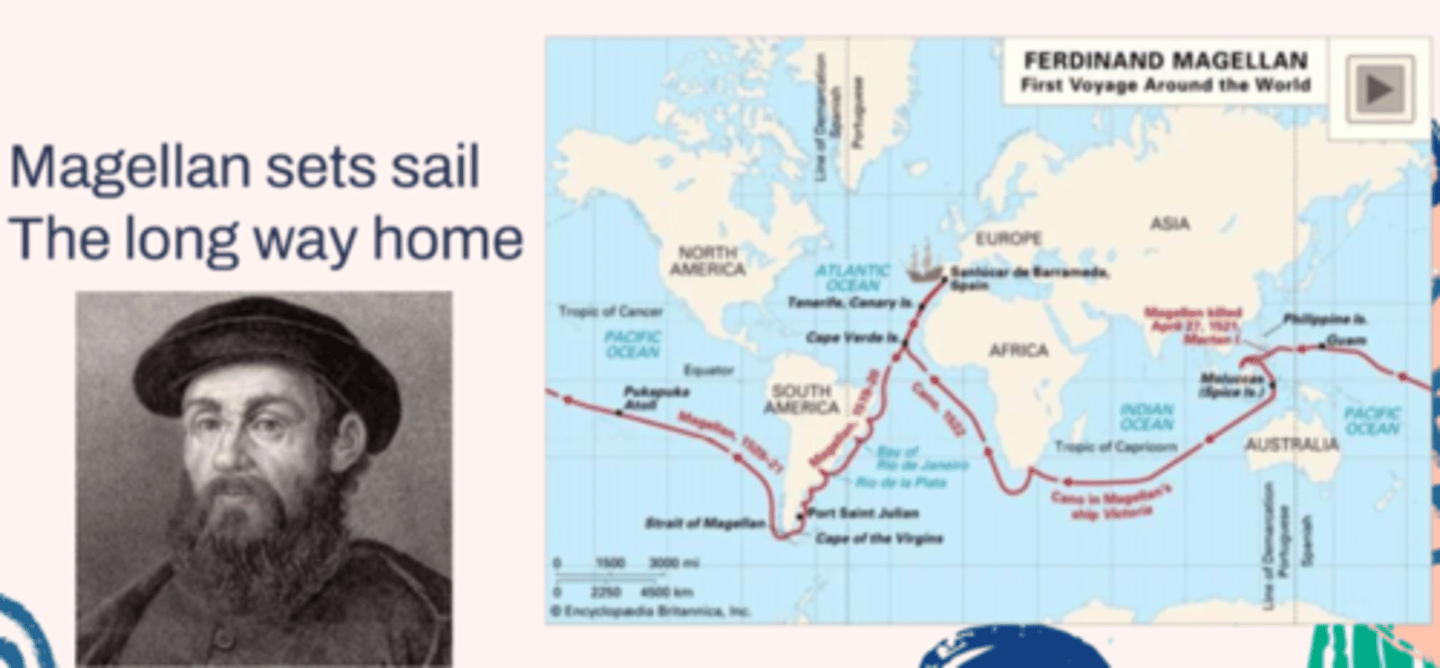 <p>Ferdinand Magellan sets sail<br>- Going West wanted to hit the Pacific Ocean<br>- Straight of Magellan<br><br>The long way home<br>- Magellan was killed in the Philippines<br>- 3 years to get around the whole world</p>