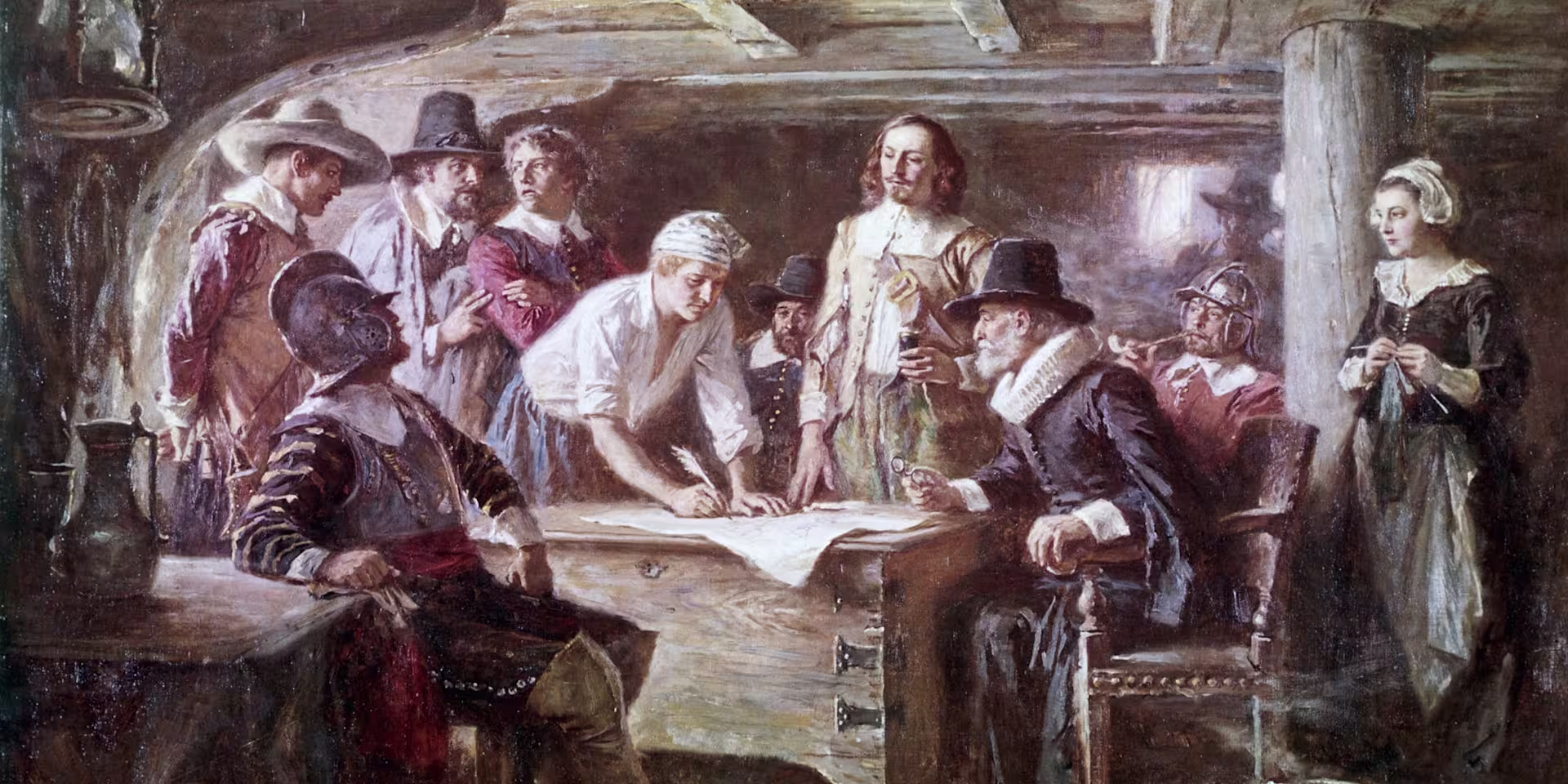 <p>An agreement signed in 1620 by the Pilgrims aboard the Mayflower, establishing a form of self-government and cooperation for their new settlement. </p>