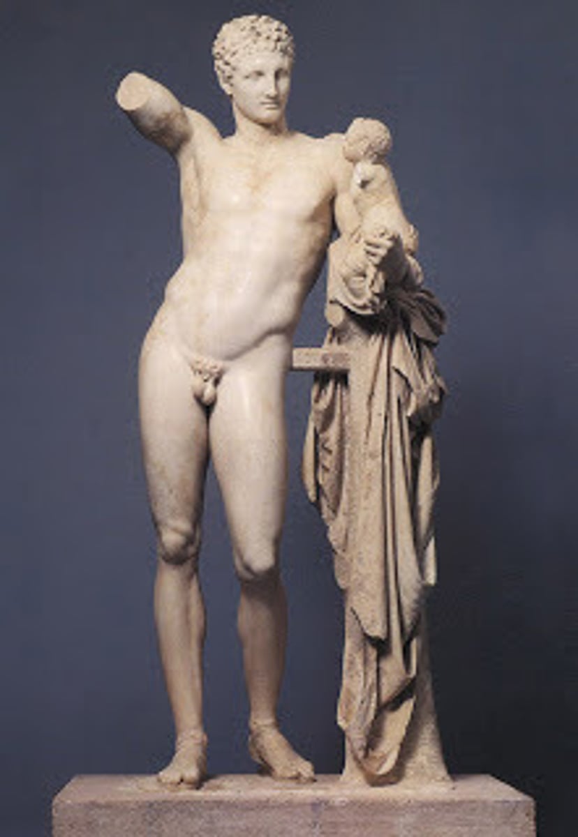 <p>- Zeus gives Dionysis to Hermes (1/2 brother) to raise him far away so Hera can't hurt him</p><p>- Hermes stands in contrapposto; leans left arm (holding Dionysis) on tree trunk draped in fabric</p><p>- Hermes' gaze is focused on baby with a sweet/soft expression</p><p>- Hermes dangles grapes &amp; Dionysis reaches for it; sweet image of older brother playing/teasing his baby brother</p><p>- Depicting 2 mighty gods in humanly form; questioning their power</p>