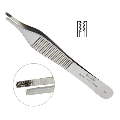 <p>Preferred skin thumb forceps. Broad and inter-meshing tips give "delicate" grip ideal for fascia/skin/connective tissue.</p>