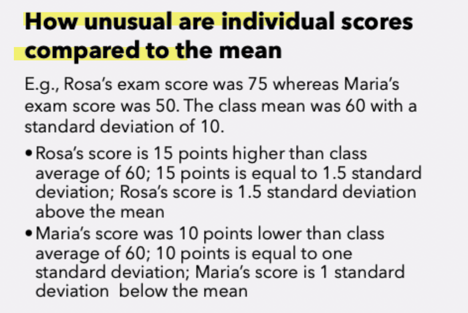 <p>standard deviation as a measure of <strong>average distance of scores from the mean</strong></p><p><strong>distance of a score from the mean = # of standard deviations of the score from the mean</strong></p><p><strong>SD and normal distribution help us compare how unusual </strong>*diff <strong>individual scores are compared to the mean</strong> *They help us compare scores from difference tests that use different measurements</p>