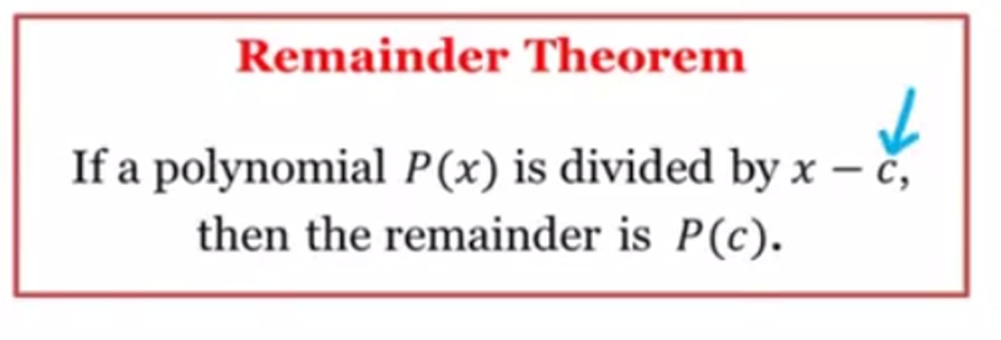 <p>When we divide a polynomial f(x) by x - c the remainder r equals f(c) ie 2x^2-5x-1 divided by x-3 2(3)^2 - 5(3) -1 = 18 - 15 -1= 2</p>