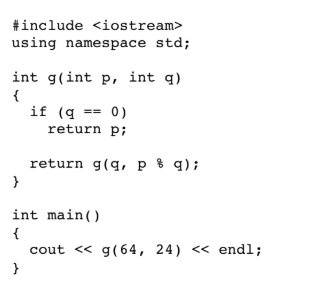 <p>(10 points) What does the following program print. You will not get any points if you don't show the steps of the calculation. Be very methodical, it is easy to make a mistake (such as using p where you should use q).</p>
