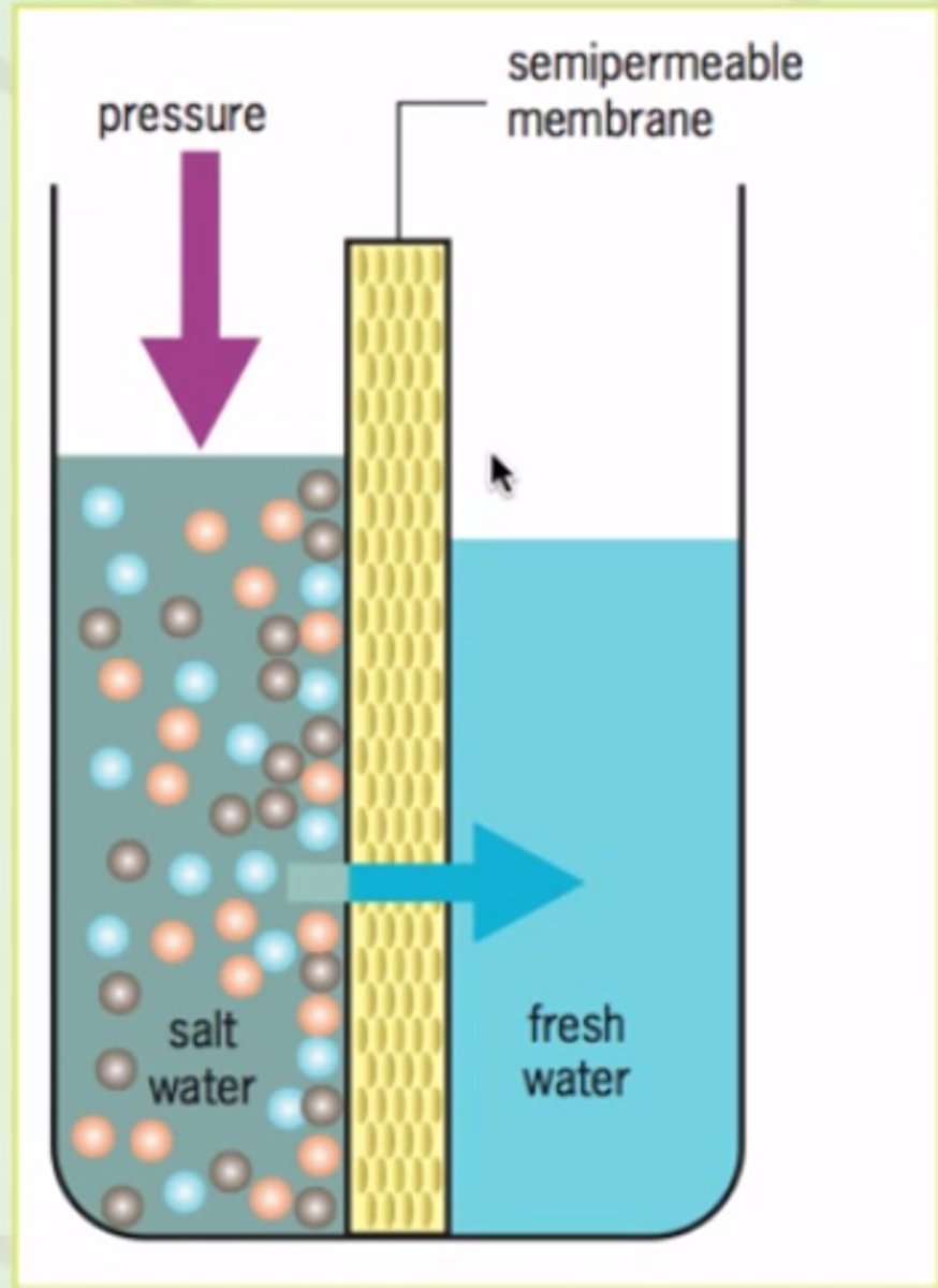 <p>Desalination method. Seawater flows in, pressure applied, water goes through semipermeable membrane, salt can't. Water and brine flows out.</p>