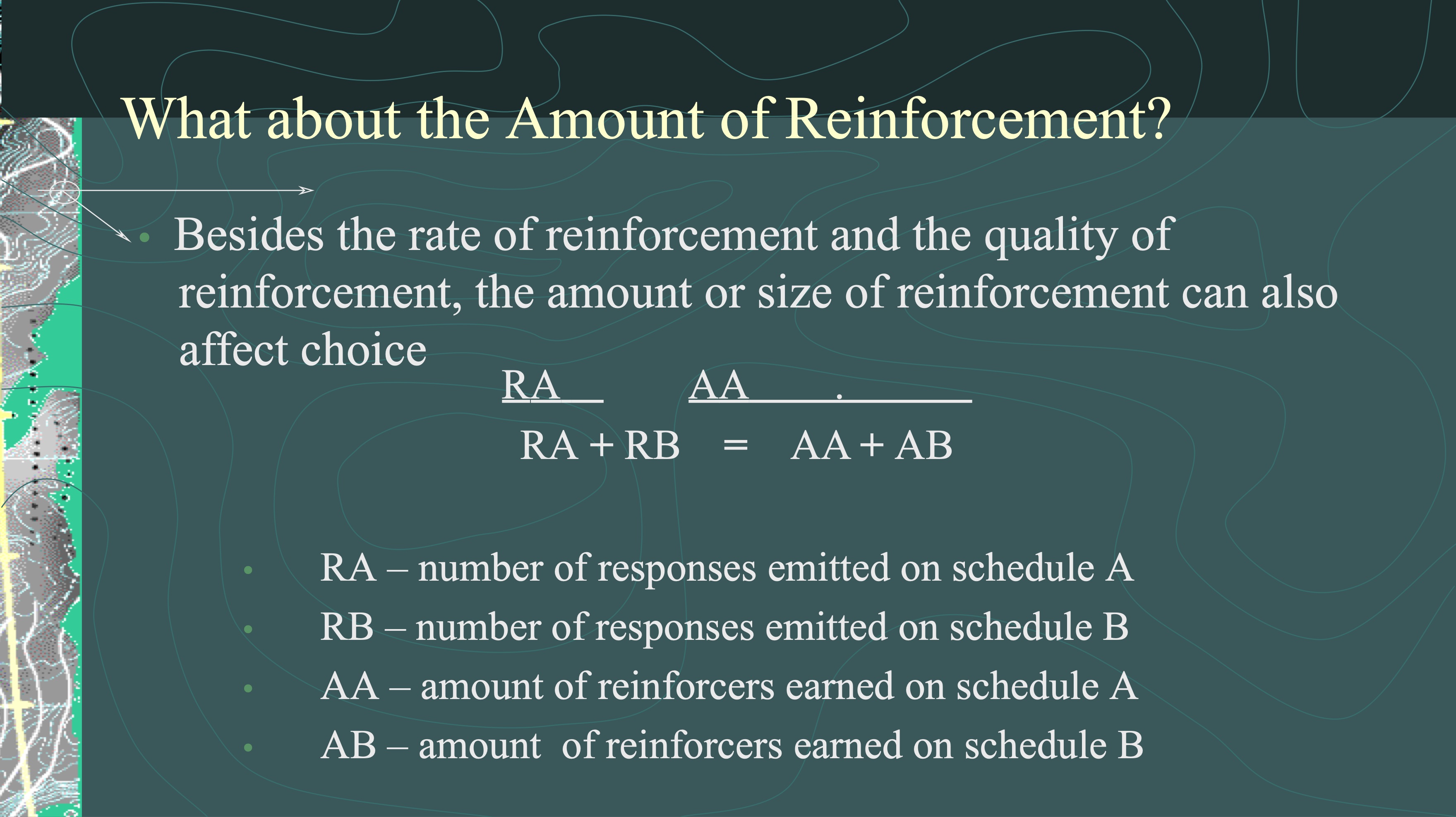<p>the proportion of R emitted on a particular schedule matches the proportion of rein. obtained on that schedule, ie. a pigeon will emit ~twice as many R on VI-30 than VI-60</p>