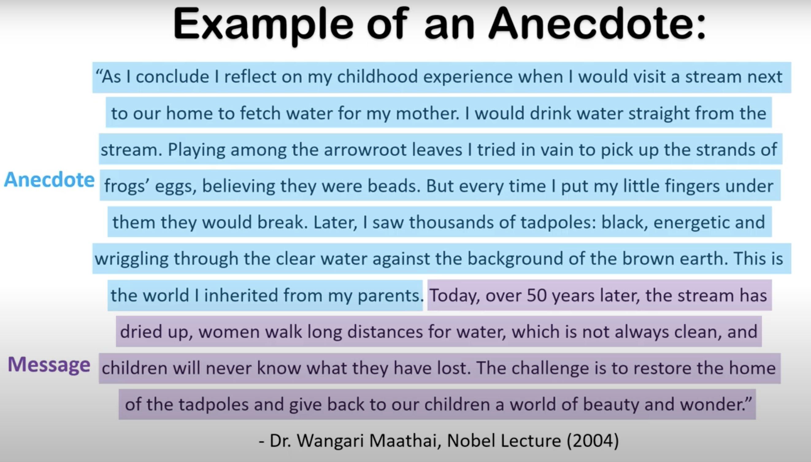 <p>A short story that illustrates point the speaker is trying to make. Anecdotes can be real or fictional. </p><p>Writers and speakers convey this by:</p><ul><li><p>Paint a vivid picture in the audience’s mind</p></li><li><p>Help the audience identify personal connections to the story </p></li><li><p>Bolster the speaker’s  credibility </p></li><li><p>Create an emotional response </p></li><li><p>Endear the speaker to the audience through humor</p></li></ul><p></p>