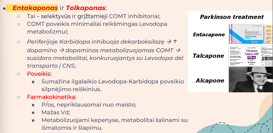 <p>Karboksihidroksilazės inhibitoriai (<strong>Karbidopa</strong>); 2. KOMT inhibitoriai (<strong>Entakaponas</strong>)</p>