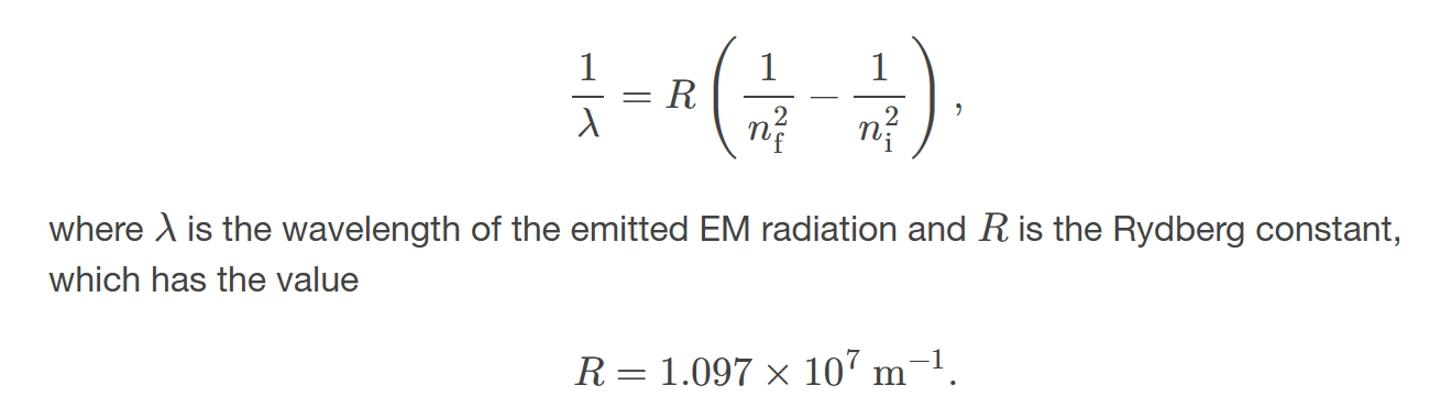 <p><span><span>the wavelengths of visible light from hydrogen; can be calculated by </span></span>1𝜆=𝑅⁢(1𝑛2f−1𝑛2i)</p>