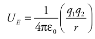 <p>Electrical potential energy required to move along the field lines surrounding a point charge is given by:</p><ul><li><p>q1 and q2 = charges</p></li><li><p>e0 = permeability of free space</p></li><li><p>Ue = electrical potential energy</p></li><li><p>r = distance</p></li></ul>