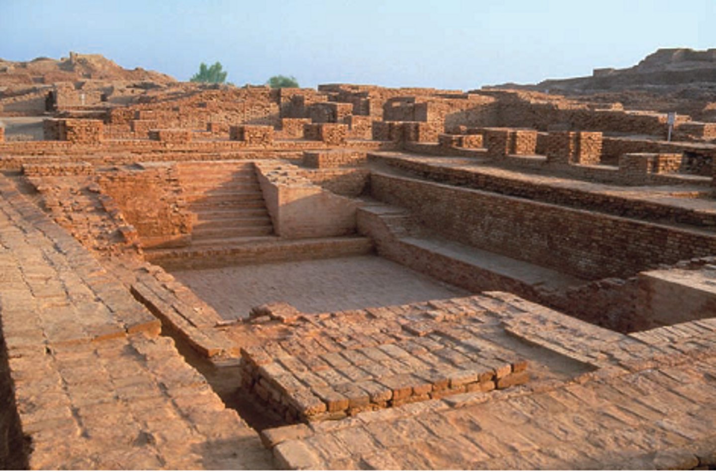 <p>24. The above photo from Mohenjo-Daro represents what impressive feature?<br>A. A massive storage facility for grains such as maize and millet<br>B. A large water reservoir that was used for cleansing and other rituals<br>C. A meeting hall where governmental decisions were likely held<br>D. A burial chamber for one of the leaders of the civilization</p>