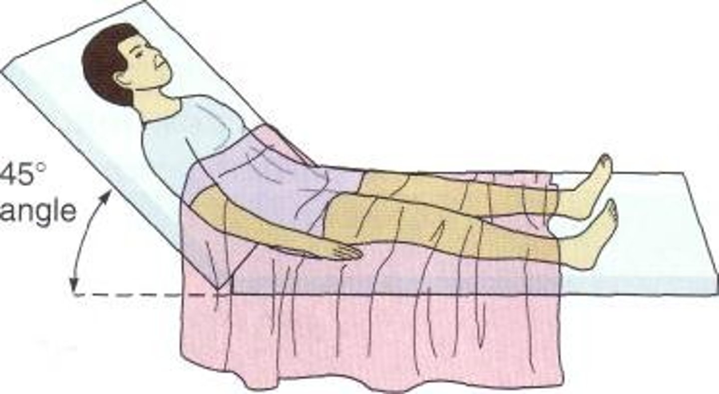 <p>Semi-sitting position, body sitting up at 45-degree angle, knees bent. Put a pillow/blanket under knees to elevate slightly (relaxes abdominal muscles thus preventing pain)</p>
