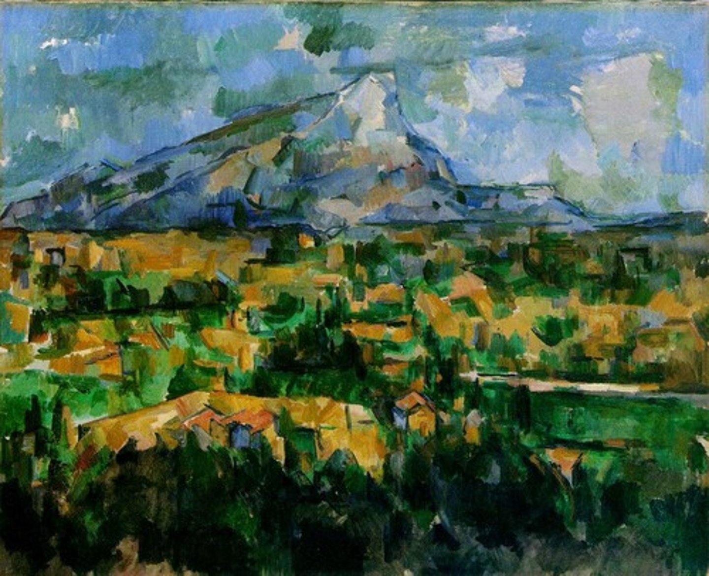 <p>1902-1904. Paul Cezanne. Oil on Canvas.<br>Post-Impressionism<br>Bright and intense color<br>Tangibility to light, weight<br>Individual brushstrokes, mark-making, bold.<br>Geometric brushstrokes<br>Unconvential perspective, warm foreground, cool background. Three "registers", mountain, town, dark foreground<br>Geometricbrushes show angular of houses/mountains.<br>Cezanne loves structure<br>Splashes of color, overlaid with subtler colors.<br>Unified painting, greenin sky and blue in woods</p>