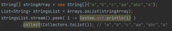 <p>Provides a way to see the elements as they flow through the stream, mainly for debugging.</p>