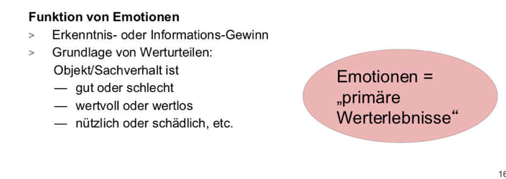 <p>Emotionen bieten uns:</p><ul><li><p>Informationen über Objekte</p></li><li><p>dienen als Basis für Werturteile bezüglich gewisser Objekte (based on emotions we can judge whether something is good/bad, useful/useless, etc)</p></li></ul><p></p><p>EMOTIONEN ALS PRIMÄRE WERTERLEBNISSE</p>
