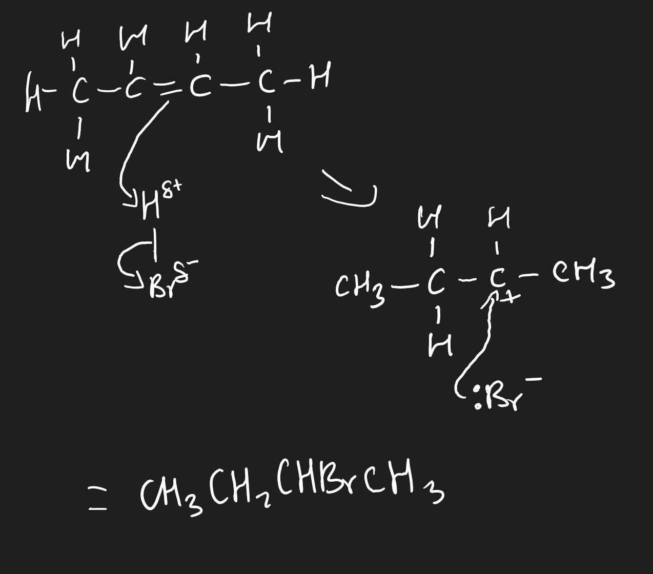 <p>make sure to think about </p><ul><li><p><span><u><span>Major product formed </span></u><strong><u><span>via</span></u></strong><u><span> more stable carbocation</span></u></span></p></li><li><p><span><u><span>State which one is the more stable and that the major came from that</span></u></span></p></li><li><p><span><u><span>Due to positive inductive effect of three alkyl/two alkyl groups rather than one</span></u></span></p></li></ul><p></p>