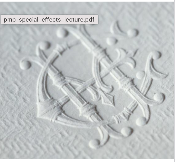 <p><span style="color: rgb(0, 0, 0);"><br>is a method of pressing a raised plate onto paper or cardstock to create a three</span><span style="color: rgb(0, 0, 0);"><br></span><span style="color: rgb(0, 0, 0);">dimensional design. Embossing results in a raised surface, with the design higher than the surrounding paper area.</span></p>