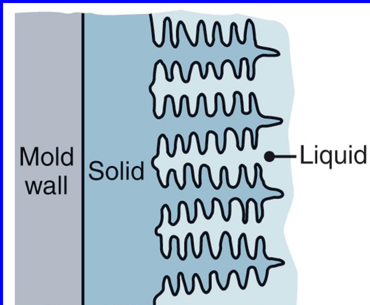 <p>Dendrites growth in long columns with direction of temp gradient </p>