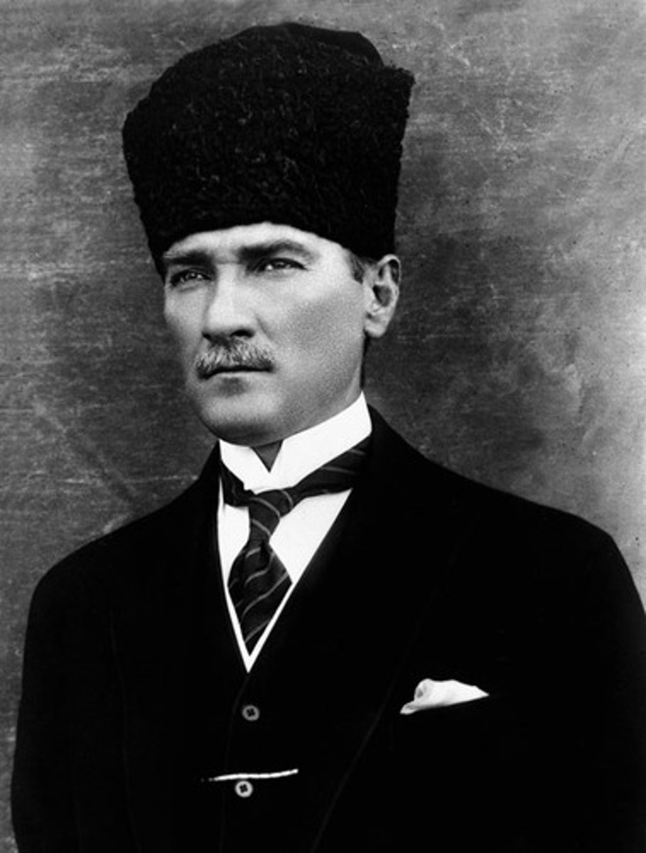 <p>"Father of the Turks" who helped to create Republic of Turkey in 1923. He modernized [westernized] and secularized Turkey. Reforms included universal suffrage, public education, abolishing polygamy</p>